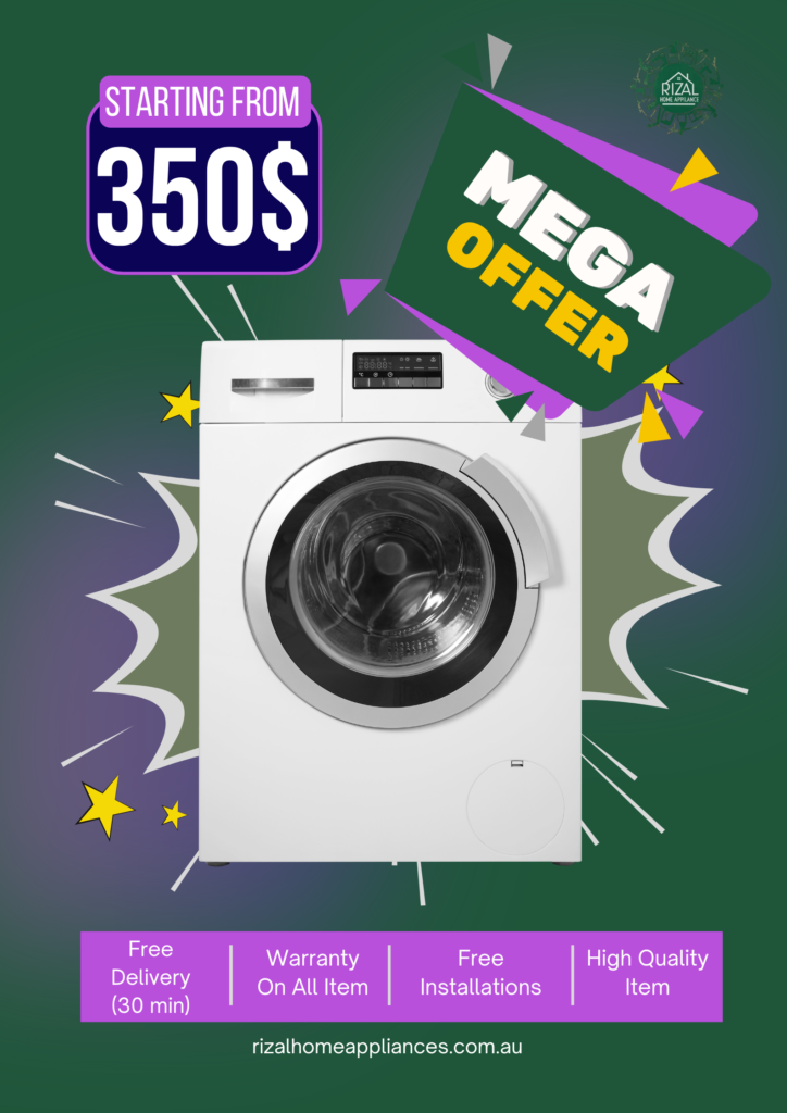 purple modern illustration mega offer washing machine promotional poster